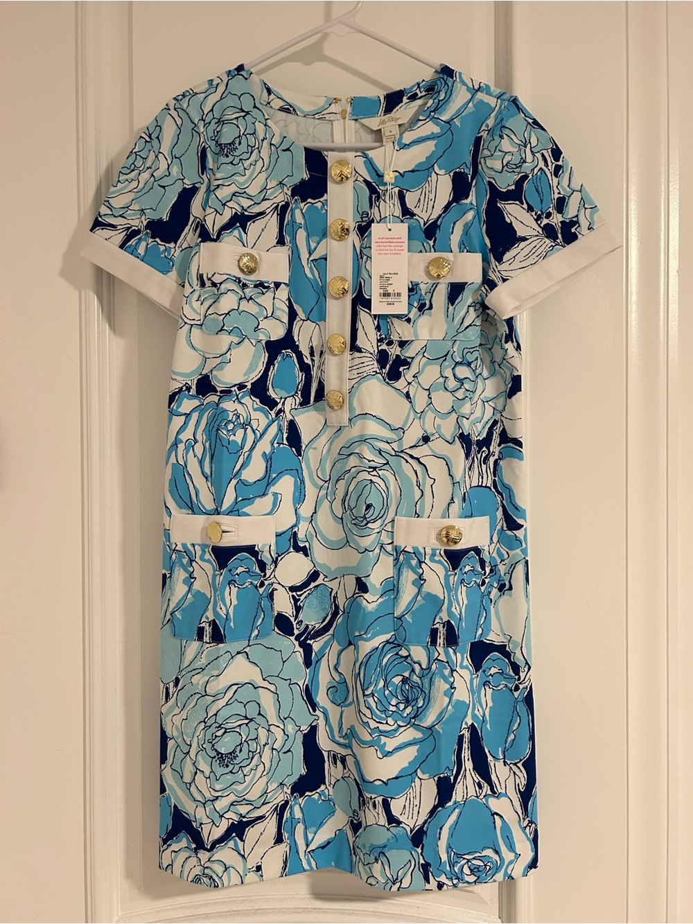 Lilly Pulitzer Blue Floral Shift Dress with Gold Buttons